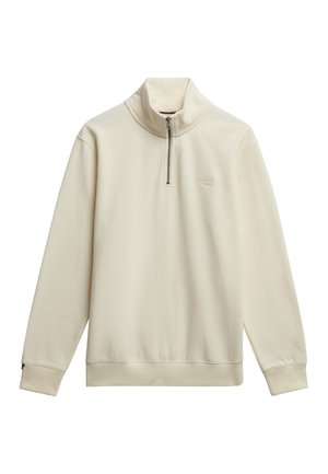 Crème-kleurige pullover sweatshirt met een hoge kraag, een halve rits aan de voorkant, een zachte textuur en ribgebreide manchetten en onderrand. Klein logo op de borst.