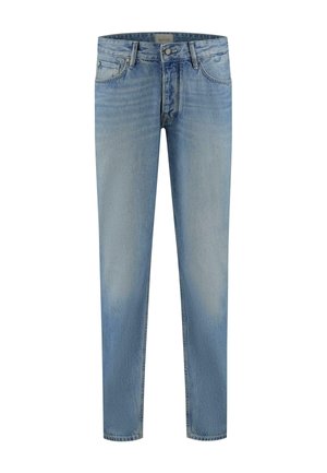 Lichtblauwe denim jeans met een rechte pasvorm, vijf-pocket ontwerp, vervaagde accenten, zichtbare stiksels en een knoopsluiting op de taille.