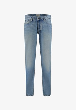 Jeans din denim albastru deschis, cu croi drept, design cu cinci buzunare, accente uzate, cusături vizibile și închidere cu nasture la talie.