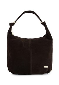 Brun ruskinds håndtaske med en blød tekstur, afrundet design og en enkelt skulderrem. Har en lille guldfarvet logoaccentre.