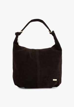 Braune Wildlederhandtasche mit weicher Textur, rundem Design und einem einzelnen Schulterriemen. Verfügt über ein kleines goldenes Logo-Detail.