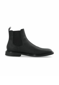 Bota Chelsea de cuero negro con paneles elásticos laterales, puntera redonda y una lengüeta en la parte posterior, con una textura suave y un tacón bajo.
