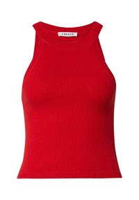 Red knitted sleeveless top featuring a round neckline, ribbed texture, and fitted design. Made of soft, stretchy fabric for comfort.