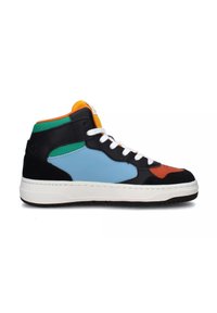 Sneaker alte con un mix di pannelli neri, blu, arancioni, verdi e rossi. Presentano un esterno in pelle testurizzata e lacci bianchi.