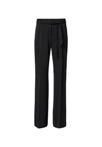 Black high-waisted trousers with a tie waistband, wide-leg design, made from smooth fabric, featuring refined seams and no pockets.