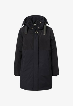 Zwarte lange winterjas met capuchon, vooraan met rits, drukknoopjes en verstelbare trekkoorden op de capuchon, ontworpen voor koude weersomstandigheden.