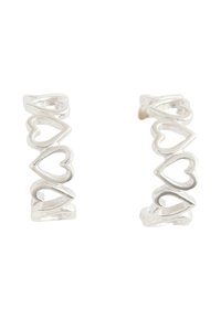 Cercei de tip cerc din argint cu design în formă de inimă, confecționați din metal cu finisaj lustruit. Fiecare cercel are mai multe forme de inimă interconectate.