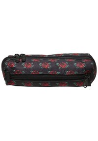 Black pencil case featuring a rose pattern in red and green. Zippered compartments with dual zipper pulls. Made of durable fabric.