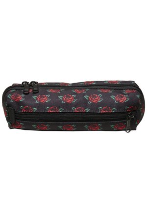 Black pencil case featuring a rose pattern in red and green. Zippered compartments with dual zipper pulls. Made of durable fabric.