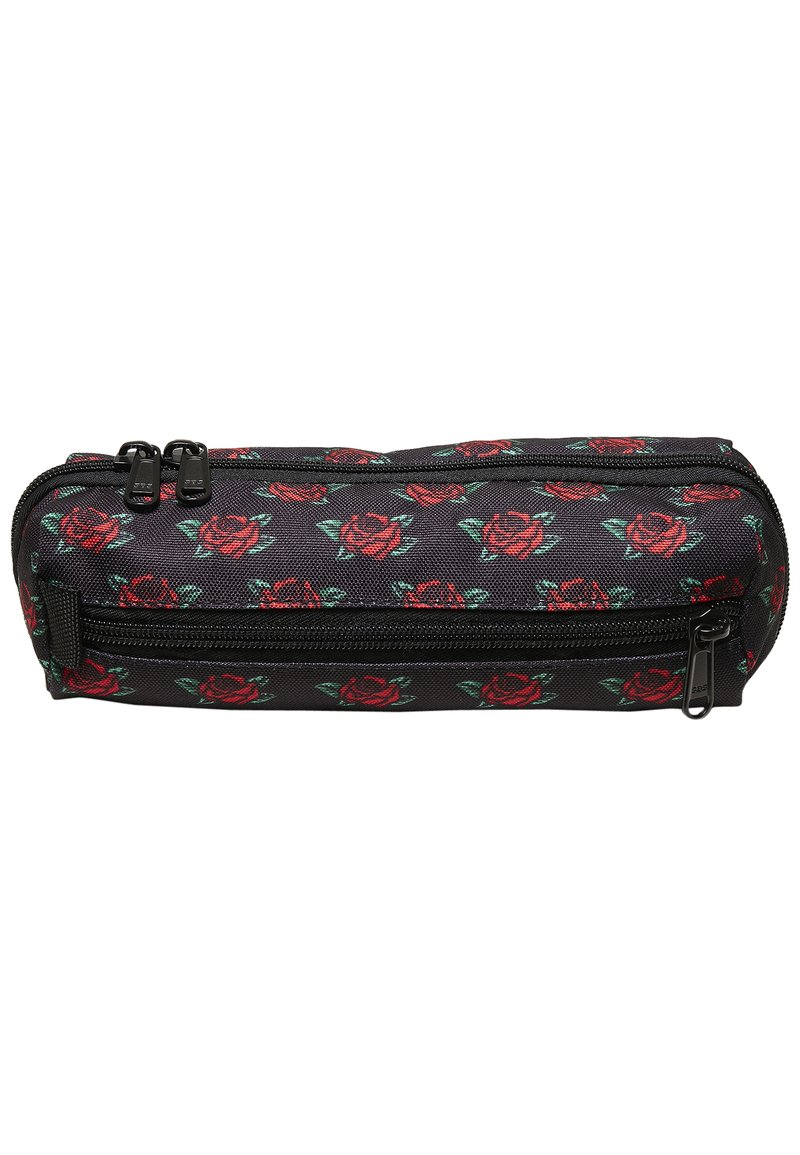 Black pencil case featuring a rose pattern in red and green. Zippered compartments with dual zipper pulls. Made of durable fabric.