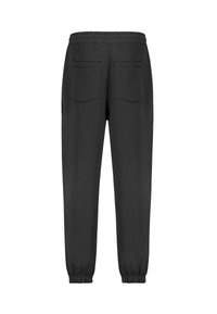 Schwarze, leichte Sweatpants mit einem elastischen Taillenbund, Bündchen an den Knöcheln und zwei Gesäßtaschen. Glatte Textur und lässiges Design.