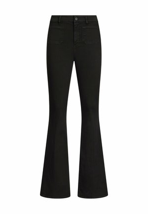 Pantalon flare noir taille haute avec poches avant, fermeture par bouton et zip, et larges ouvertures aux jambes sur fond uni.