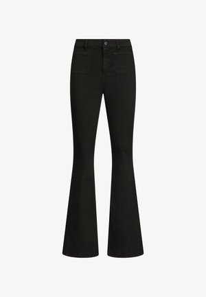 Musta korkeavyötäröiset liehupolviset housut, joissa etutaskut, nappi- ja vetoketjusuljenta sekä leveät lahkeensuut yksivärisellä taustalla.