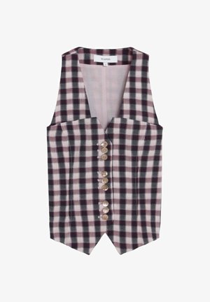 Chaleco sin mangas a cuadros con cuadrados en negro, blanco y burdeos, con un escote en V profundo y una fila de ocho botones marrones claros en la parte delantera.