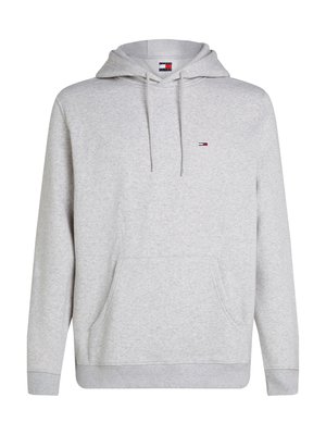 Gray hooded sweatshirt in cotton blend, featuring a front kangaroo pocket, ribbed cuffs, and a small logo on the chest.