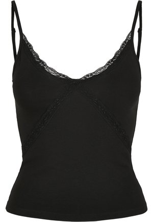 Black camisole with adjustable straps, featuring lace trim at the neckline and a fitted design with a smooth texture.