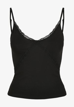 Mustassa toppitunikassa on säädettävät olkaimet, ja siinä on pitsireunus kaula-aukossa sekä tiukka, sileä rakenne.