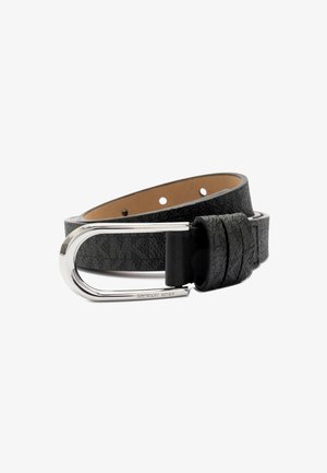 Black textured leather belt coiled with silver U-shaped buckle and two belt loops, set against white background.