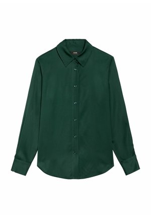 Zielona koszula z długim rękawem, wykonana z gładkiego materiału, z kołnierzykiem w kształcie punktu, z zapięciem na guziki z przodu i mankietami.