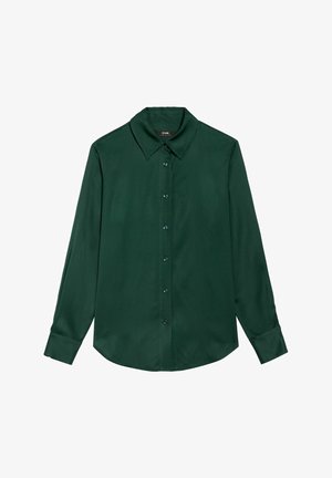 Zielona koszula z długim rękawem, wykonana z gładkiego materiału, z kołnierzykiem w kształcie punktu, z zapięciem na guziki z przodu i mankietami.