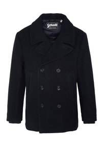 Abrigo peacoat de lana negra con frente de doble botonadura, cuello grande con muescas y dos bolsillos laterales. Botones negros y tela texturada.