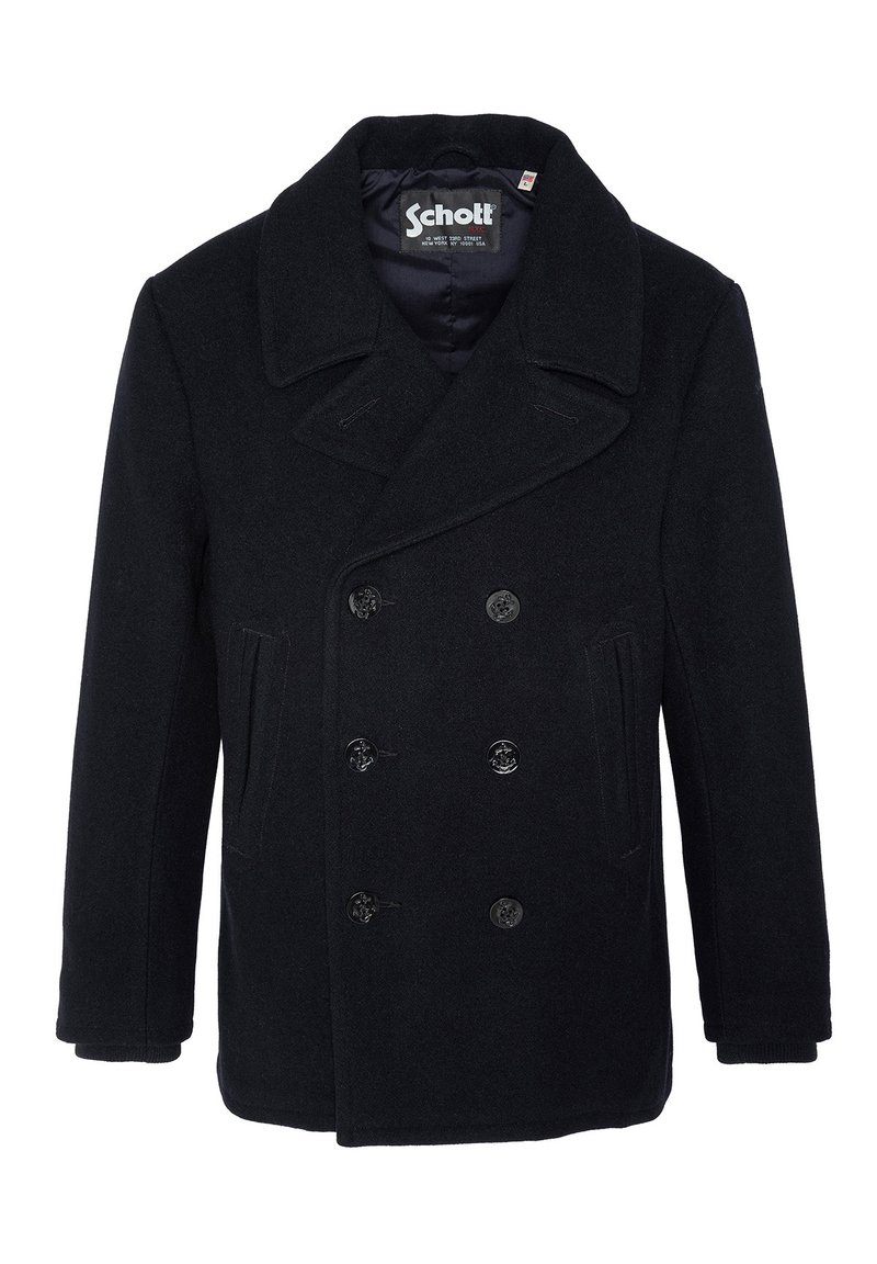 Abrigo peacoat de lana negra con frente de doble botonadura, cuello grande con muescas y dos bolsillos laterales. Botones negros y tela texturada.