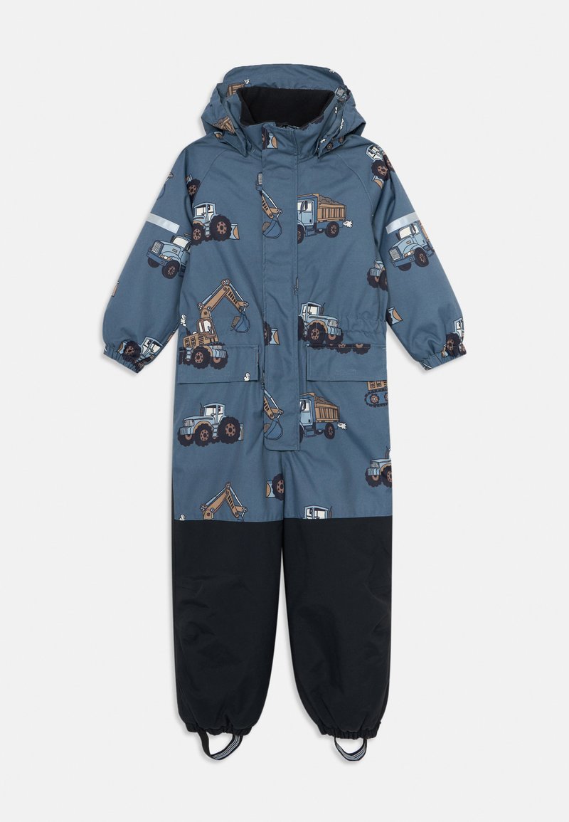 Blue and black children's snowsuit with hood, elastic cuffs, and construction vehicle print, including trucks and diggers.