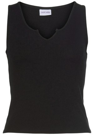 Black ribbed tank top with a V-neck design, featuring a fitted shape and stretchy texture. Label reads "Lascana" at the neckline.