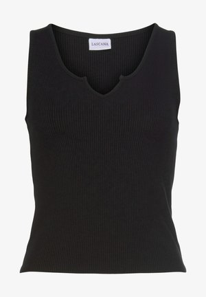 Schwarzes geripptes Tanktop mit V-Ausschnitt, das eine figurbetonte Passform und einen dehnbaren Stoff aufweist. Das Etikett trägt die Aufschrift "Lascana" am Ausschnitt.