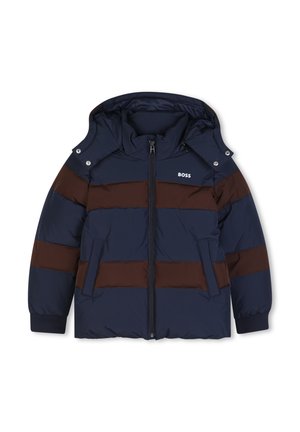 Doudoune à capuche rayée bleu marine et marron, avec fermeture éclair frontale, poches latérales et logo BOSS sur la poitrine gauche.