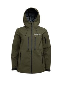 Giacca impermeabile verde oliva con cappuccio, numerose tasche con zip, coulisse regolabile e dettagli in zip neri. Cuciture rinforzate.