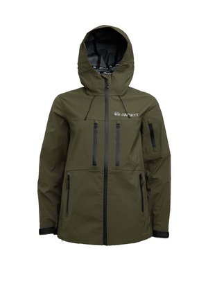Giacca impermeabile verde oliva con cappuccio, numerose tasche con zip, coulisse regolabile e dettagli in zip neri. Cuciture rinforzate.