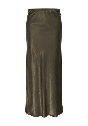 Jupe midi en satin vert olive foncé avec une silhouette droite et un éclat subtil, dotée d'une ceinture élastique et d'une texture lisse.