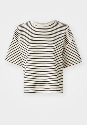 Striped cropped t-shirt with short sleeves. Color: off-white base with thin black horizontal stripes. Material appears soft, smooth texture.