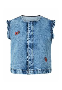 Gilet en denim bleu sans manches avec emmanchures à volants et petite broderie de fleur rouge sur le devant, présenté sur fond blanc.