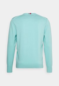 Maglione azzurro chiaro, maniche lunghe, scollo a giro, polsini e orlo a costine, texture liscia, vista posteriore con accento tricolore vicino al collo.