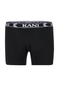 Boxeri negri dintr-un material moale, cu un elastic lat pentru talie, având un logo alb "KANI" și un design ajustat.