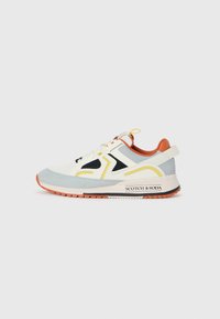 Sneakers featuring a mix of light blue, cream, and orange accents, designed with mesh and synthetic materials, showcasing a textured sole.