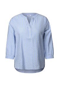 Blouse rayée bleue et blanche avec un décolleté en V, des manches trois-quarts et une coupe décontractée. Fabriquée en tissu léger avec une texture agréable.