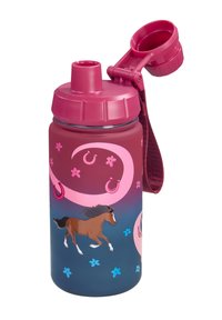 Plastikwasserflasche mit einem rosa Deckel und einem Riemen, mit Pferde- und Blumenmotiven, die von einem rosa zu einem blauen Farbverlauf übergehen.