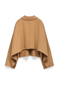 Camelwollen poncho met een ronde kraag, met een vloeiende vorm en open voorkant. Zachte textuur, middellange lengte en naadloos ontwerp.