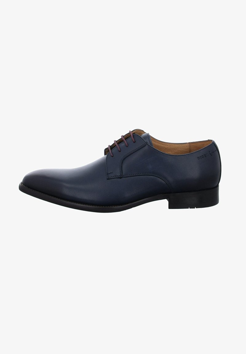 Navy leather dress shoe with a smooth finish, lace-up design, and contrasting burgundy laces. Includes a low heel and minimal branding.