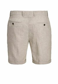 Vaaleanbeiget pellavashortsit, joissa on siisti muotoilu, käännetyt lahkeet ja kaksi takataskua, ja joissa on tummat napit koristeena.