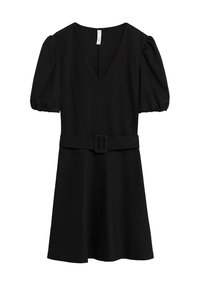 Robe courte noire à manches courtes avec encolure en V, manches bouffantes, jupe évasée et ceinture assortie avec boucle rectangulaire à la taille.