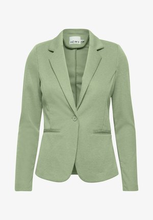 Zeleno krojen blazer iz teksturirane tkanine, z izrezanim ovratnikom, enojnim gumbom in dvema sprednjima žepoma.