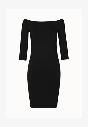 Sort off-shoulder fitted kjole med trekvartærmer, lavet af glat stof, med en knælængde og rene linjer.