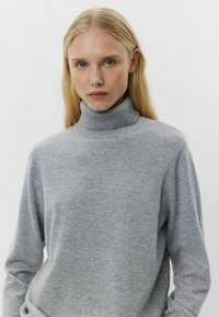 Pelēks džemperis ar augstu apkakli, izgatavots no mīksta adījuma auduma, ar garām piedurknēm. Vienkāršs dizains, nav redzamu rakstu vai akcentu.