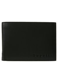 Portefeuille en cuir noir avec une texture lisse, design bi-fold, coutures discrètes et le nom de la marque "bugatti" embossé à l'avant.