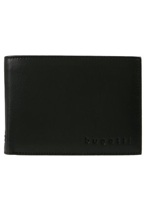 Billetera de cuero negro con textura suave, diseño bifold, costuras sutiles y el nombre de la marca "bugatti" en relieve en la parte frontal.