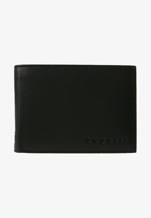 Portefeuille en cuir noir avec une texture lisse, design bi-fold, coutures discrètes et le nom de la marque "bugatti" embossé à l'avant.